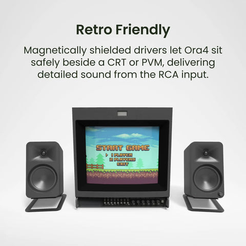 ORA4 Powered Bluetooth Desktop Speakers Pair Matte Black with retro CRT monitor setup