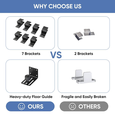 Comparison of barn door hardware kits showing 7 brackets and a heavy-duty floor guide, contrasted with 2 brackets and a fragile guide.
