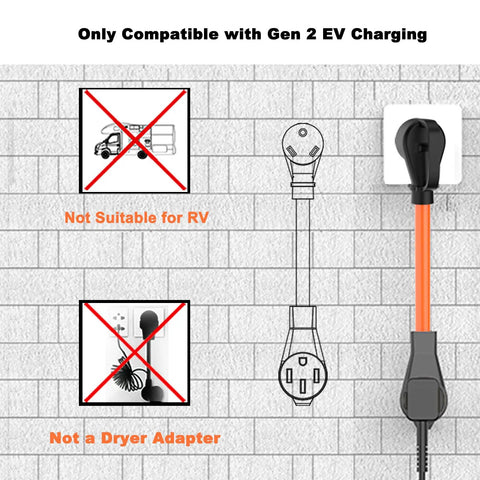 NEMA TT-30P To 14-50R EV Charger Adapter Cord, wall outlet illustration, not suitable for RV or non-EV dryer use