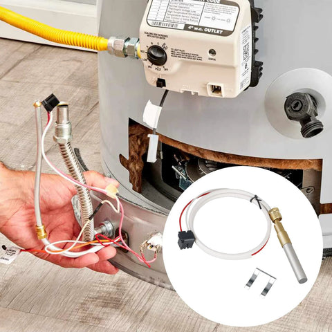 Installed water heater thermopile kit with sensor rod and wiring for Rheem/Ruud/Richmond; inset close-up.