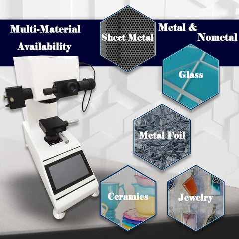 Hella Precise Micro Digital Vickers Hardness Tester With Automatic Turret And Top Shelf Vicker Meter Featuring A 7 Inch Touch Screen Display For Smooth Professional Calibration At 110 Volts and multi-material applications.