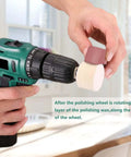 Pro Grade Drill Buffing Wheel Kit With 19 Piece Polishing Set including polishing compound applied to buffing wheel on drill.