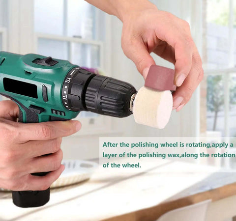 Pro Grade Drill Buffing Wheel Kit With 19 Piece Polishing Set including polishing compound applied to buffing wheel on drill.