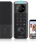 Smart Lock With Camera For Keyless Entry 2K Video WiFi Deadbolt With Fingerprint Keypad App Remote Control Works With Alexa And Google Assistant For Rental Property Easy Install And Backup Key, showing front view and smartphone connection.