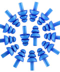 Blue soft reusable silicone ear plugs arranged in a circle, for swimming sleeping and concerts with individually wrapped waterproof ear protection.