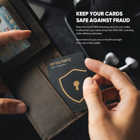 Person placing RFID Blocking Cards 4 Pack for Credit Cards and IDs, NFC Shield Wallet Protectors for Travel and Business into a wallet.