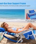 Woman reclining on Two Pack Low Beach Chairs With 5 Position Recline Backpack Portable Folding Chairs With Cooler Bag And Cup Holder