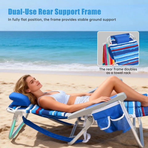 Woman reclining on Two Pack Low Beach Chairs With 5 Position Recline Backpack Portable Folding Chairs With Cooler Bag And Cup Holder