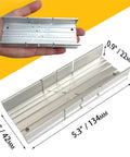 Hanpex aluminum miter box, small 5.3-inch tool; angled side view showing multiple grooved cutting slots for hand saws