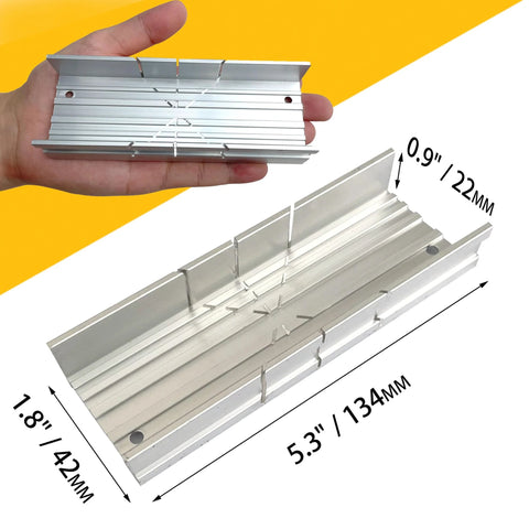 Hanpex aluminum miter box, small 5.3-inch tool; angled side view showing multiple grooved cutting slots for hand saws