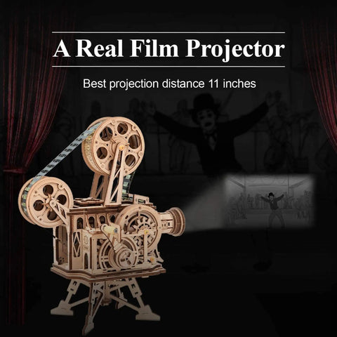 Vitascope 3D Wooden Puzzle Kit For Adults projecting film, 183 parts assembled, showcases vintage cinema projector model.