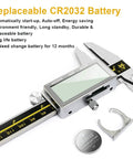 0 To 8 Inch Digital Caliper With Large LCD Screen Electronic Micrometer Inch Fraction Millimeter Readout Auto Off Heavy Duty Metal Caliper with replaceable CR2032 battery shown