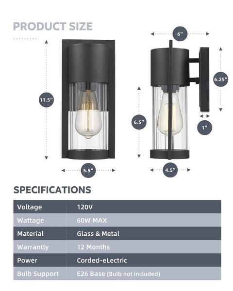Product diagram of Two Pack Outdoor Wall Lanterns Black Waterproof Exterior Lighting Fixtures with dimensions and specifications.