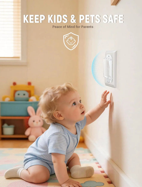 Child reaching for 2 Pack Light Switch Guard Cover For Kid Proofing Your Rocker Switches With Wall Plate Screws, clear wall switch protector.