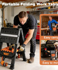 Man carrying 2-In-1 Folding Work Bench And Sawhorse For Quick Setup Portable Work Table with engravings, clamps, and bench dogs