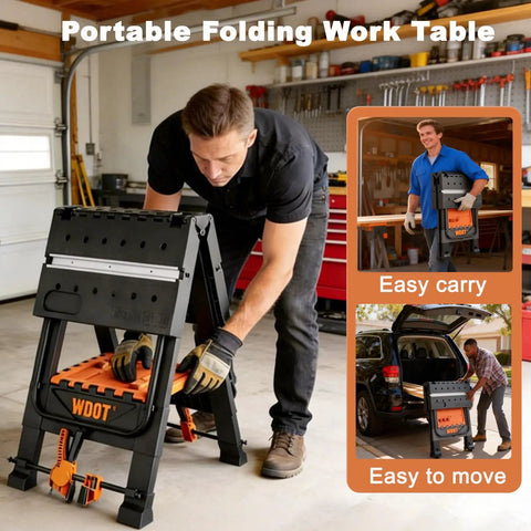 Man carrying 2-In-1 Folding Work Bench And Sawhorse For Quick Setup Portable Work Table with engravings, clamps, and bench dogs