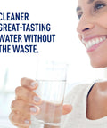Smiling woman drinking water; text: Cleaner great-tasting water without the waste. Product: Red 10 Cup Water Filter Pitcher For Tap Water BPA Free Lasts About 2 Months Per Filter Easy Pour Design Great Tasting Hydration For Home Or Office Fits In Refrigerator And Keeps Water Fresh.