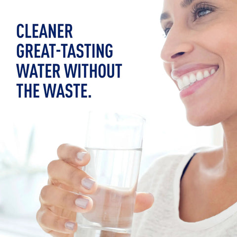 Smiling woman drinking water; text: Cleaner great-tasting water without the waste. Product: Red 10 Cup Water Filter Pitcher For Tap Water BPA Free Lasts About 2 Months Per Filter Easy Pour Design Great Tasting Hydration For Home Or Office Fits In Refrigerator And Keeps Water Fresh.
