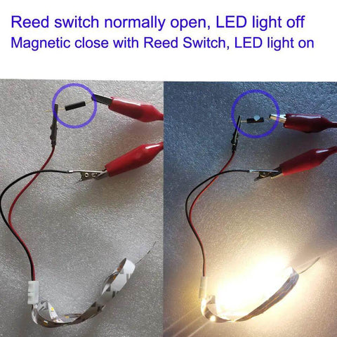 10 Pack Plastic Reed Switches No Magnetic Induction Sensor, 2.5mm by 14mm, LED light demonstration with wiring and magnets
