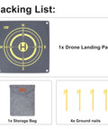 Packing list with Universal Drone Landing Pad Waterproof Weighted Portable Fast Foldable Helipad Launch Surface, bag, and nails.