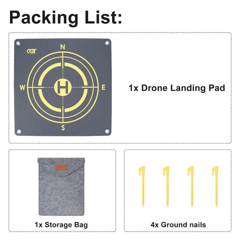 Packing list with Universal Drone Landing Pad Waterproof Weighted Portable Fast Foldable Helipad Launch Surface, bag, and nails.