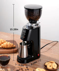 Premium 64Mm Flat Burr Coffee Grinder Featuring 100 Exact Grind Settings And Anti Static Technology For Smooth Daily Brews And Top Shelf Espresso Results In Matte Black, side view with coffee beans.