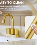 Brushed Gold 4 Inch Centerset Lead Free Bathroom Faucet With Two Handles Dope Swivel Spout Clean Surface