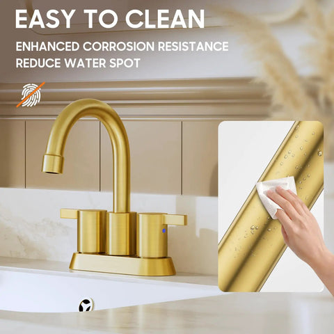 Brushed Gold 4 Inch Centerset Lead Free Bathroom Faucet With Two Handles Dope Swivel Spout Clean Surface