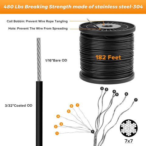 Outdoor String Light Hanging Kit With 182 Ft 7x7 Stainless Steel Wire Rope, coil of black steel cable, wire tangling prevention