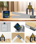 8 Inch Digital Angle Ruler Featuring Bright Lcd Panel And Integrated Spirit Level For Dead On Readings on a wooden table.