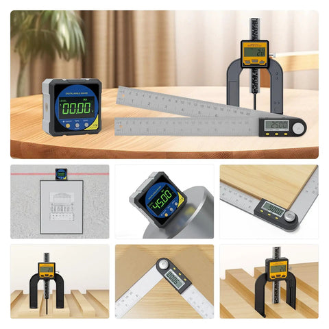 8 Inch Digital Angle Ruler Featuring Bright Lcd Panel And Integrated Spirit Level For Dead On Readings on a wooden table.
