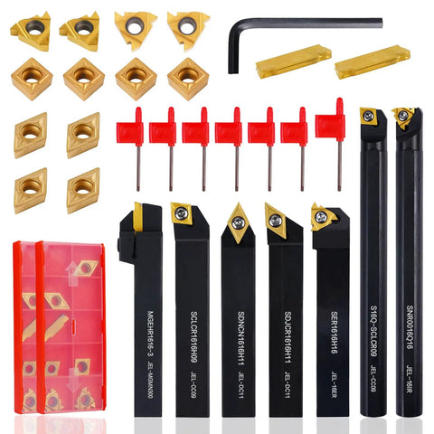Heavy Duty 21 Piece Indexable Lathe Tool Set With Five Eighth Inch Shank Including Seven Metal Lathe Tool Holders And Fourteen Carbide Inserts