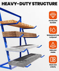 Beefy Heavy Duty Lumber And Pipe Cantilever Storage Rack With 4000 Lbs Capacity Four Tier Alloy Steel Construction For Wood Pipes And Metal In Garage Or Workshop side view showing blue rustproof steel rack with wood and pipe storage.
