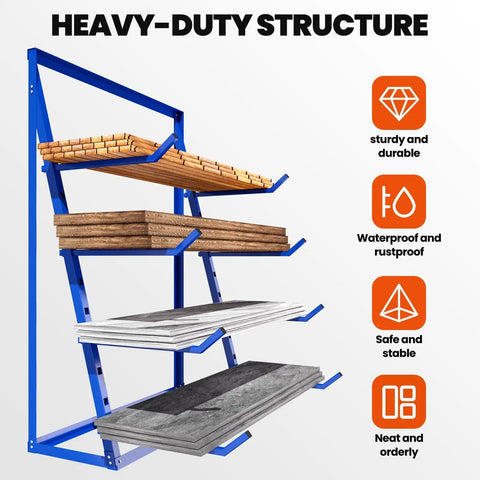 Beefy Heavy Duty Lumber And Pipe Cantilever Storage Rack With 4000 Lbs Capacity Four Tier Alloy Steel Construction For Wood Pipes And Metal In Garage Or Workshop side view showing blue rustproof steel rack with wood and pipe storage.