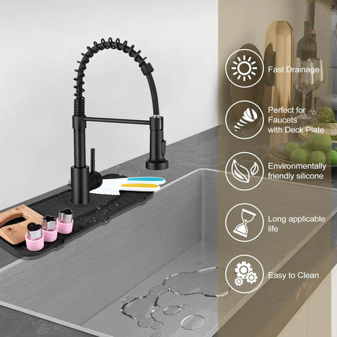 Silicone Faucet Mat Drip Catcher For Kitchen Faucets Tailor Made For 1cm Deck Plate Light Grey on countertop with faucet