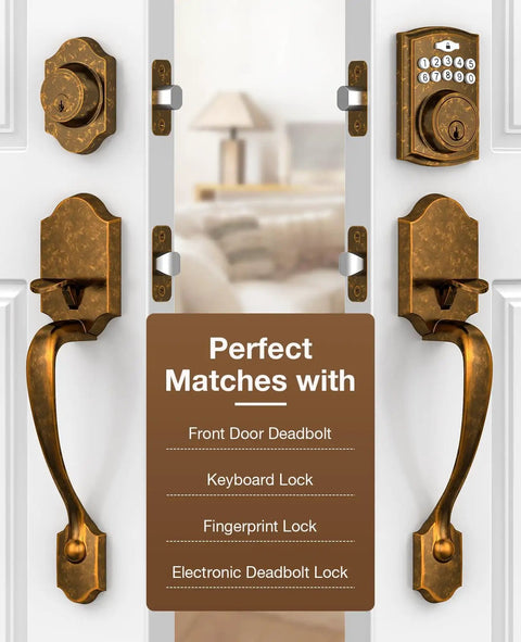 Vintage Brass Front Door Handle No Lock for Exterior Doors, Classic Entry Door Handle Reversible for Left or Right Hand Doors