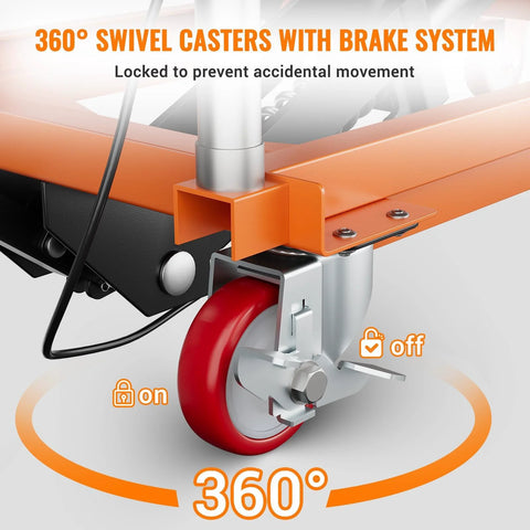 Hydraulic lift table cart with locking wheels; orange frame, red caster wheel, 360° swivel