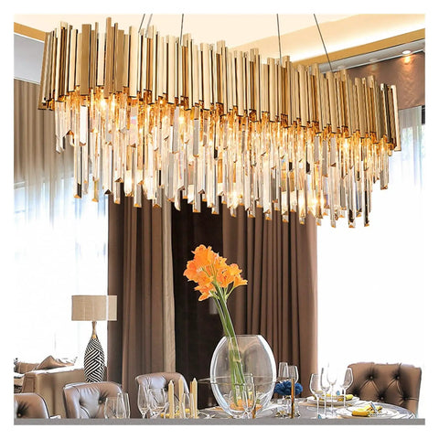 Straight Up Sleek K9 Crystal LED Pendant Light With Brushed Gold Metal Frame And Eight Warm E14 Bulb Slots, elegant dining room setup.