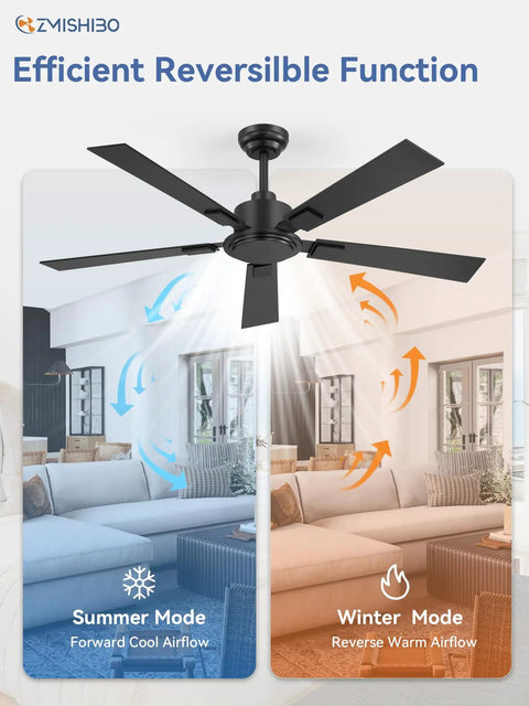 52 Inch Black Ceiling Fan With Remote No Light Quiet Reversible DC Motor Six Speeds For Living Room Bedroom Patio Indoor Outdoor Use Downrod Included For High Or Low Ceilings shown with airflow modes