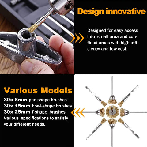 90 Pcs Brass Wire Brush Set in action with pen-shape brush on metal tool, showcasing various models for rotary tools.