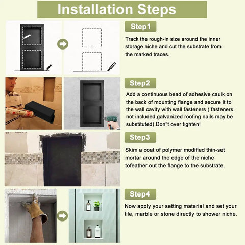Installation steps for 32 By 16 Inch Double Shelf Shower Niche Waterproof Recessed Organizer in tile bathroom.