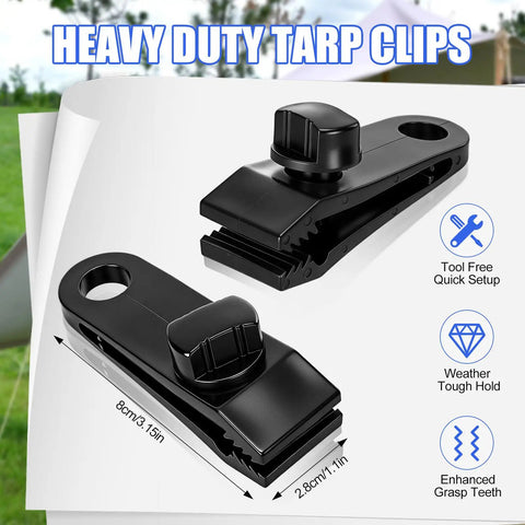 Two black 100 Pack Heavy Duty Tarp Clips With Locking Grasp No Tool Needed Thumb Screw Tent Clips For Securing Tarps