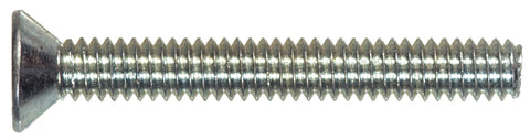 Knockout Phillips Flat Head Machine Screws Featuring Zinc Coating Size Six Thirty Two By Three Inches showing countersunk design and threading.