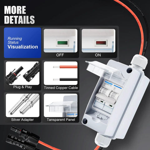 Close-up of Solar Panel Disconnect Switch Gear Kit 400V 60A IP65 Breaker Box with visualization details, connectors, and cables.