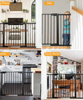 Four images showing an Extra Wide Walk Through Pet Gate With Auto Close, Kid Friendly And Pet Safe, in various rooms including stairs, living room, kitchen, and study room.