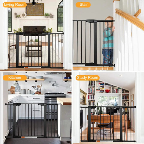 Four images showing an Extra Wide Walk Through Pet Gate With Auto Close, Kid Friendly And Pet Safe, in various rooms including stairs, living room, kitchen, and study room.