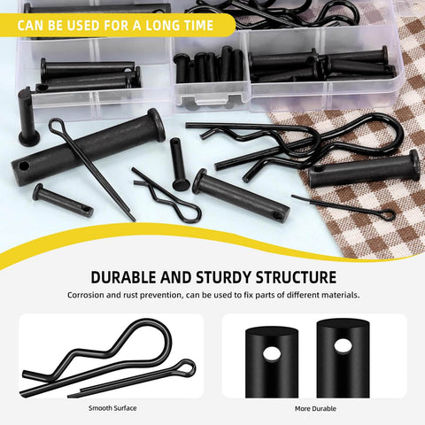 67-Piece Carbon Steel Clevis Pin And Cotter Pin Kit With Five Clevis Pin Sizes M5 To M12 Plus R Pins And Split Cotter Pins All In One Assortment For DIY Garage And Automotive Projects.