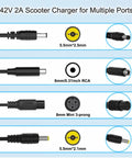 42V 2A Scooter Charger 4 In 1 Removable Connector For 36V Pocket Mod And Sports Mod Lithium Battery shows four connector types.