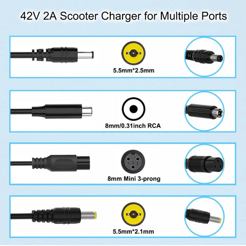 42V 2A Scooter Charger 4 In 1 Removable Connector For 36V Pocket Mod And Sports Mod Lithium Battery shows four connector types.