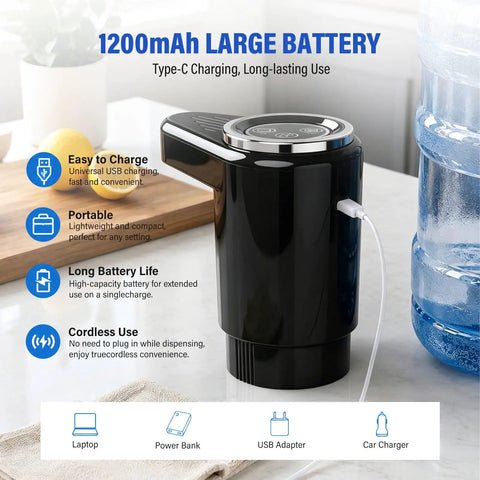 USB C Rechargeable Water Pump For 5 Gallon Jugs With Dual Motors And Silicone Adapter on kitchen counter
